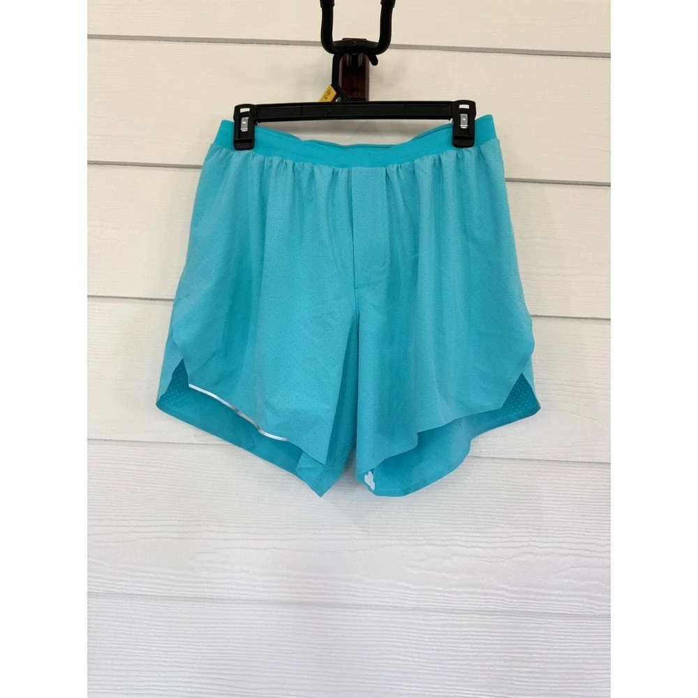 A- 073-Lululemon Fast and Free Lined Short 6 Turquoise Blue Perforated Running
